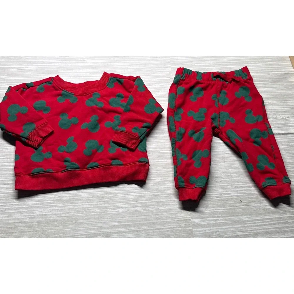 Monica + Andy Disney Mickey Mouse Sweatshirt Joggers Set 9-12M Red Green Fleece